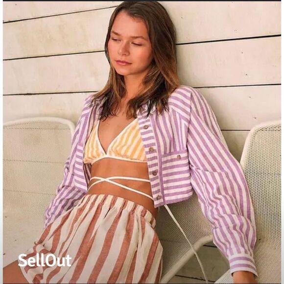Free People Striped Button-Up Shirt Purple White Long Sleeve Standard‎ Medium - Picture 1 of 11